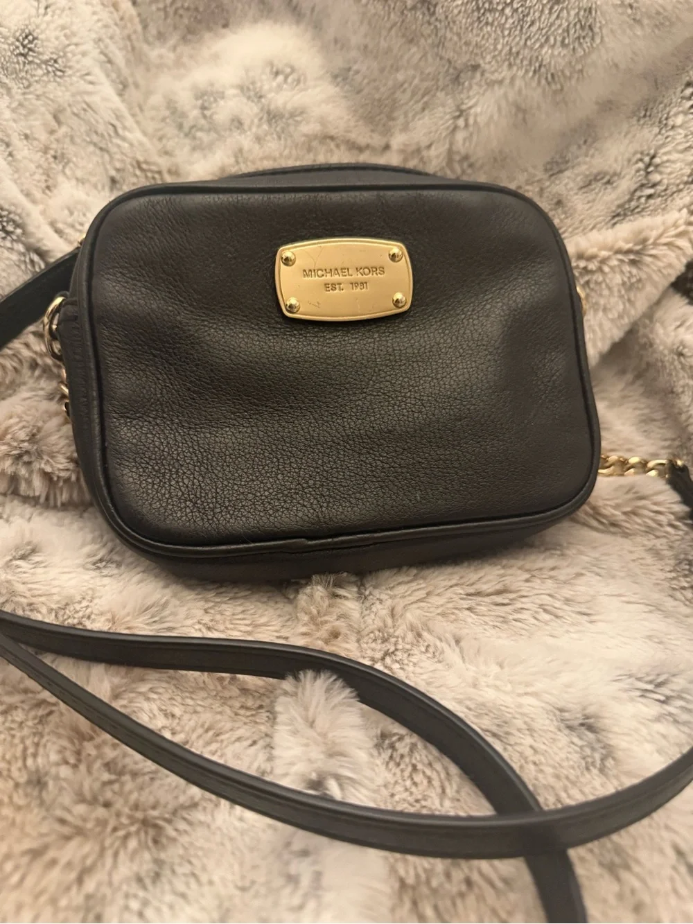 Michael Kors Black Pebbled Leather Camera Crossbody with Gold Plaque